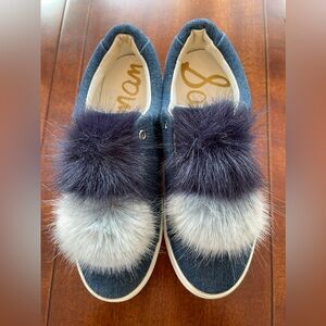 SAM EDELMAN Jean blue Sneakers Size 8M Faux Fur Pom Pom Leya model pre-owned